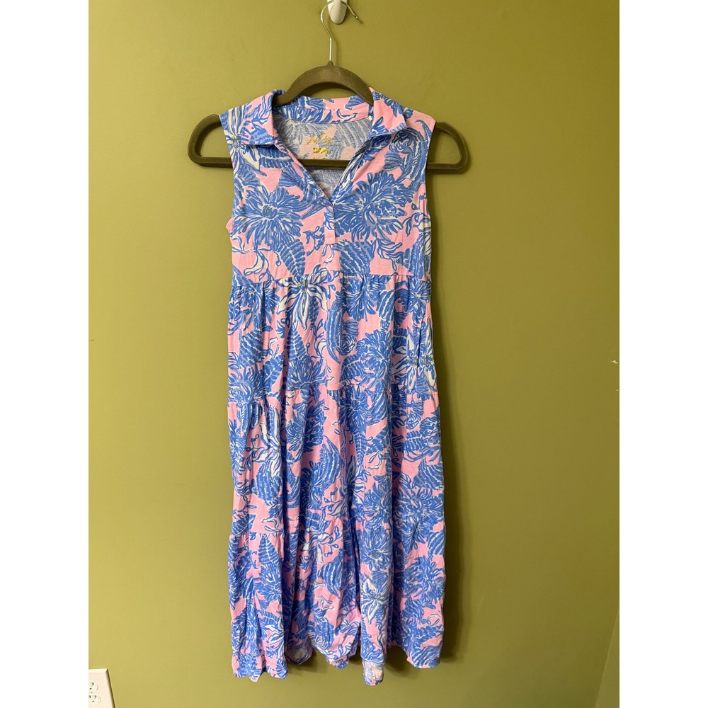 Lilly Pulitzer Girls Pink Blue Floral Tiered Maxi Dress Size L 8-10 Sleeveless